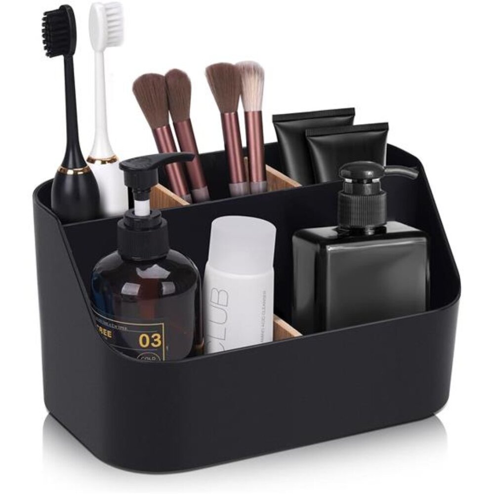 Black Toothbrush Holder Bathroom Organizer Toothpaste Stand Countertop Storage